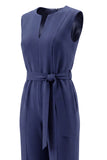 Navy V-Neck Sleeveless Formal Jumpsuit with Belt