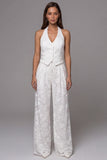 Ivory Halter Lace Embroidered Two-Piece Work Suits