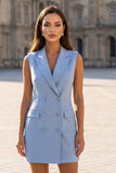 Sparkly Blue Peaked Lapel Double-breasted Sheath Short Work Dress