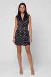 Black Peaked Lapel Double Breasted Short Polka Dots Work Dress