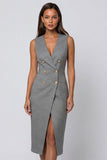 Grey V-Neck Double-breasted Sheath Polka Dot Midi Dress with Slit