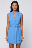Blue Notched Lapel Short Work Dress with Belt
