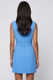 Blue Notched Lapel Short Work Dress with Belt