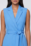 Blue Notched Lapel Short Work Dress with Belt