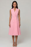 Pink Shawl Lapel Double Breasted A Line Midi Work Dress
