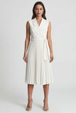Ivory Notched Lapel Pleated A Line Midi Work Dress with Belt