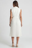 Ivory Notched Lapel Pleated A Line Midi Work Dress with Belt