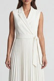 Ivory Notched Lapel Pleated A Line Midi Work Dress with Belt