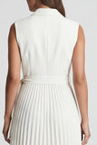 Ivory Notched Lapel Pleated A Line Midi Work Dress with Belt