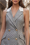Grey Notched Lapel Sheath Short Polka Dot Work Dress