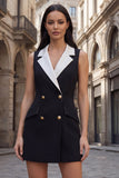 Black Notched Lapel Double-breasted Sheath Short Work Dress
