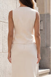 Ivory V-Neck Single Breasted 2-piece Sheath Work Dress with Slit