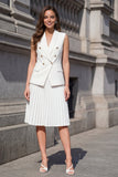 White Shawl Lapel Pleated 2-piece A Line Work Dress