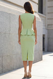 Green V-Neck Single-breasted 2-piece Sheath Work Dress