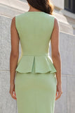 Green V-Neck Single-breasted 2-piece Sheath Work Dress