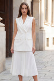 White Notched Lapel Pleated 2-Piece A Line Work Dress