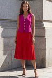 Fuchsia and Red V-Neck Pleated 2-piece A Line Work Dress