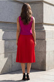 Fuchsia and Red V-Neck Pleated 2-piece A Line Work Dress