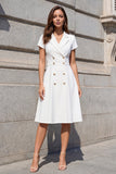 White Notched Lapel Double-breasted Short Sleeve A Line Work Dress