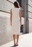 Ivory Ruched Sheath Midi Work Dress with Slit