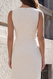 Ivory Ruched Sheath Midi Work Dress with Slit