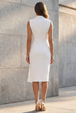 White Notched Lapel Ruched Sheath Work Dress