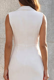 White Notched Lapel Ruched Sheath Work Dress