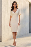 Ivory V-Neck Sheath Short Sleeve Work Dress