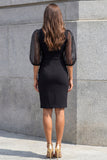 Black Lapel 3/4 Sleeve Sheath Midi Work Dress