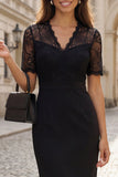 Black V-Neck Lace Short Sleeve Sheath Work Dress