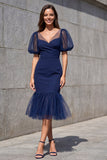 Navy Puff Sleeves Mermaid Ruffled Midi Work Dress