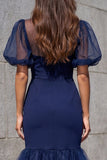 Navy Puff Sleeves Mermaid Ruffled Midi Work Dress