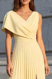 Yellow Asymmetrical Neck Pleated A Line Midi Work Dress