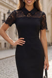 Black Short Sleeve Sheath Lace Mini Work Dress