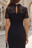 Black Short Sleeve Sheath Lace Mini Work Dress