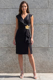Black Ruched V Neck 3D Flower Mini Work Dress