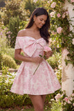 Pink Jacquard A-Line Off the Shoulder Mini Cocktail Party Dress With Bow