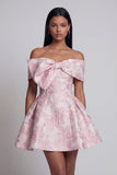 Pink Jacquard A-Line Off the Shoulder Mini Cocktail Party Dress With Bow