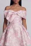 Pink Jacquard A-Line Off the Shoulder Mini Cocktail Party Dress With Bow