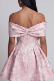Pink Jacquard A-Line Off the Shoulder Mini Cocktail Party Dress With Bow