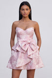 A-Line Pink Jacquard Sweetheart Ruffled Mini Cocktail Party Dress With Bow