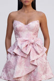 A-Line Pink Jacquard Sweetheart Ruffled Mini Cocktail Party Dress With Bow