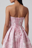 A-Line Pink Jacquard Sweetheart Ruffled Mini Cocktail Party Dress With Bow