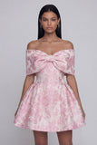 Jacquard A-Line Pink Off the Shoulder Mini Cocktail Party Dress With Bow