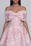 Jacquard A-Line Pink Off the Shoulder Mini Cocktail Party Dress With Bow