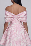 Jacquard A-Line Pink Off the Shoulder Mini Cocktail Party Dress With Bow