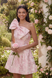 One Shoulder Jacquard A-Line Pink Mini Cocktail Party Dress With Bow