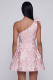 One Shoulder Jacquard A-Line Pink Mini Cocktail Party Dress With Bow