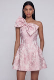 One Shoulder Jacquard A-Line Pink Mini Cocktail Party Dress With Bow