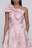 One Shoulder Jacquard A-Line Pink Mini Cocktail Party Dress With Bow